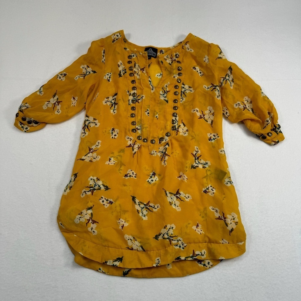 Angie Floral Studded Sheer Blouse Womens Size Small V Neck 3/4 Sleeve Yellow